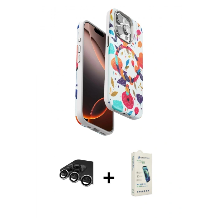 MARSİLYAN™- iPhone 14 Pro Max Kılıf Siluet Doku - Şeffaf Pasifik Cam Ekran Koruyucu + Gümüş Raze Metal Kamera Lens