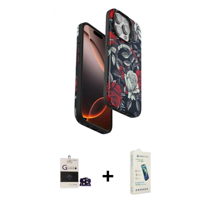 MARSİLYAN™- iPhone 14 Pro Max Kılıf Siluet Doku - Şeffaf Pasifik Cam Ekran Koruyucu + Bilvis Titan Kamera Lens - SH