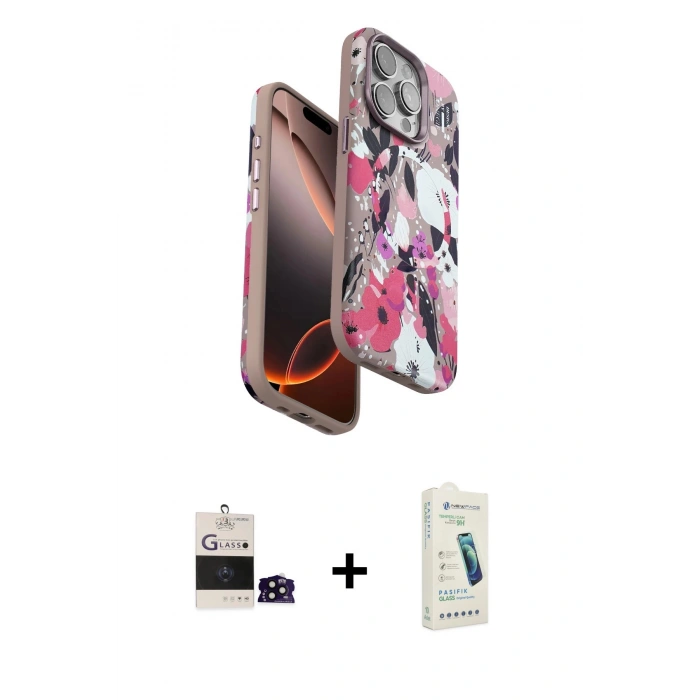 MARSİLYAN™- iPhone 14 Pro Max Kılıf Siluet Doku - Şeffaf Pasifik Cam Ekran Koruyucu + Bilvis Titan Kamera Lens - SH