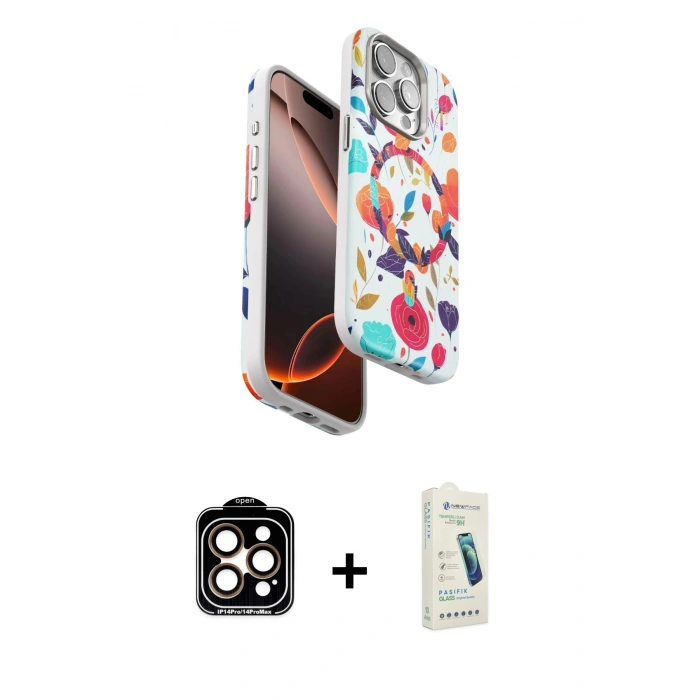 MARSİLYAN™- iPhone 14 Pro Max Kılıf Siluet Doku - Şeffaf Pasifik Cam Ekran Koruyucu + PVD Metal Kamera Lens - TU