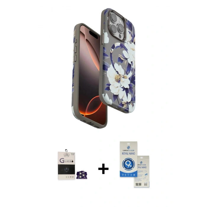 MARSİLYAN™- iPhone 14 Pro Max Kılıf Siluet Doku - Şeffaf Royal Nano Ekran Koruyucu + Bilvis Titan Kamera Lens - GS