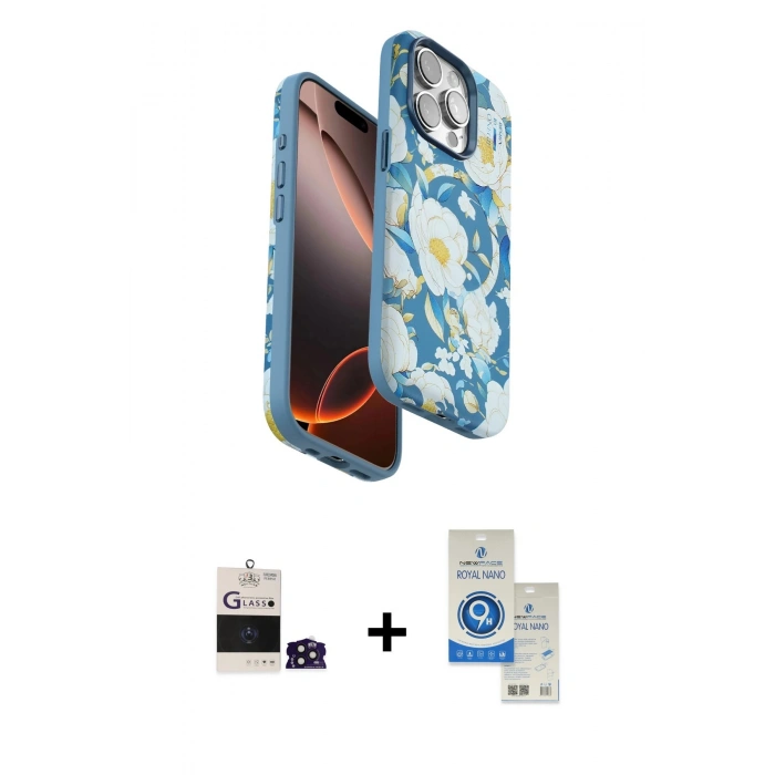 MARSİLYAN™- iPhone 14 Pro Max Kılıf Siluet Doku - Şeffaf Royal Nano Ekran Koruyucu + Bilvis Titan Kamera Lens - DNMR
