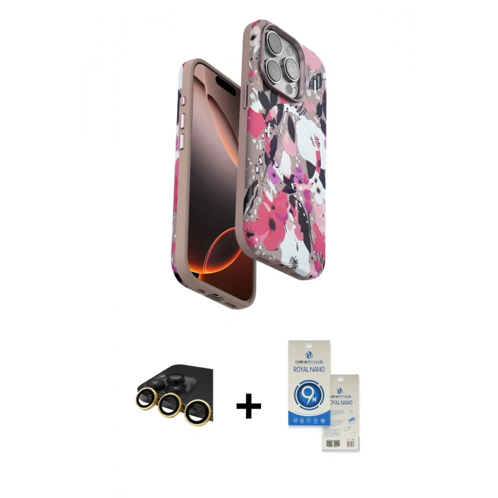 MARSİLYAN™- iPhone 14 Pro Max Kılıf Siluet Doku - Şeffaf Royal Nano Ekran Koruyucu + Raze Metal Kamera Lens - GD