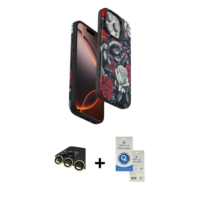 MARSİLYAN™- iPhone 14 Pro Max Kılıf Siluet Doku - Şeffaf Royal Nano Ekran Koruyucu + Raze Metal Kamera Lens - GD