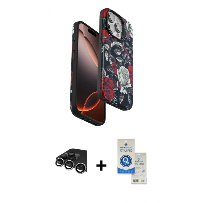 MARSİLYAN™- iPhone 14 Pro Max Kılıf Siluet Doku - Şeffaf Royal Nano Ekran Koruyucu + Raze Metal Kamera Lens - GS