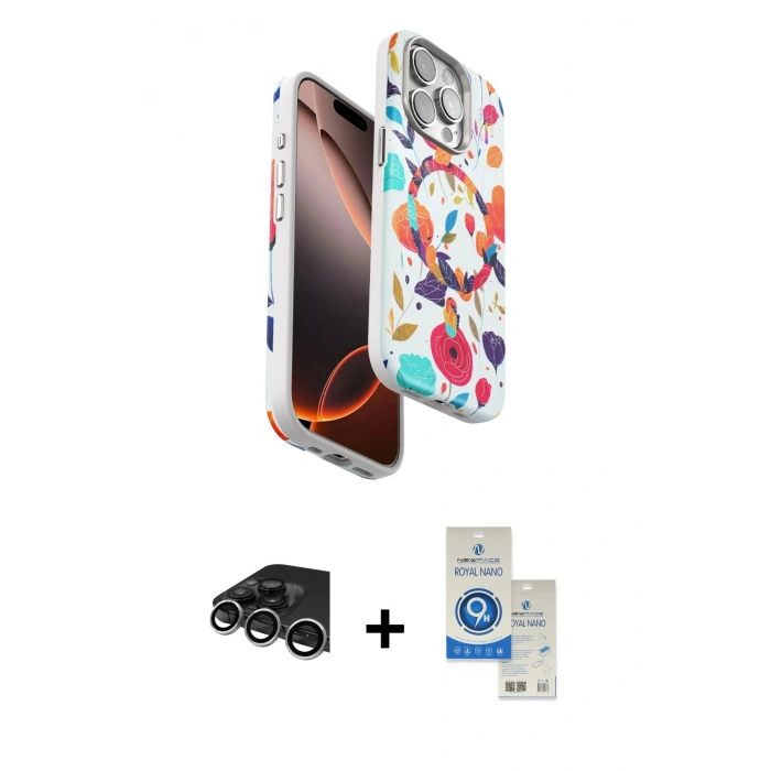 MARSİLYAN™- iPhone 14 Pro Max Kılıf Siluet Doku - Şeffaf Royal Nano Ekran Koruyucu + Raze Metal Kamera Lens - GS