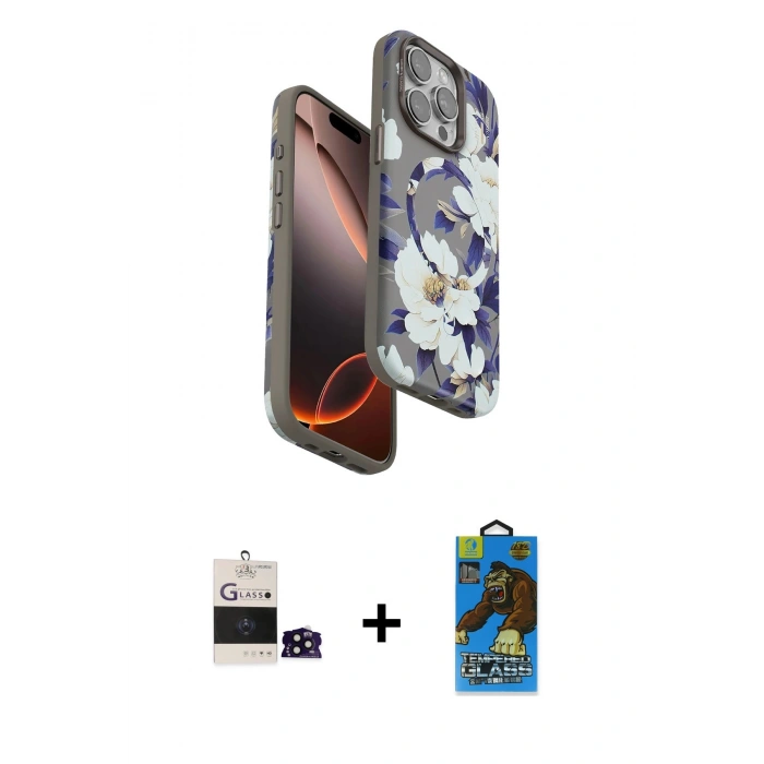 MARSİLYAN™- iPhone 14 Pro Max Kılıf Siluet Doku - Siyah 18D Cam Ekran Koruyucu + Bilvis Titan Kamera Lens - SH
