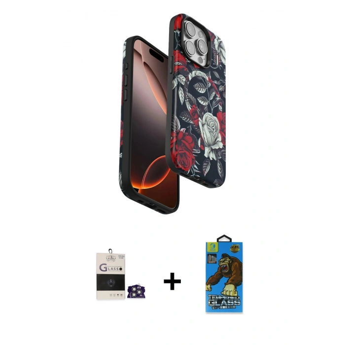MARSİLYAN™- iPhone 14 Pro Max Kılıf Siluet Doku - Siyah 18D Cam Ekran Koruyucu + Bilvis Titan Kamera Lens - GS