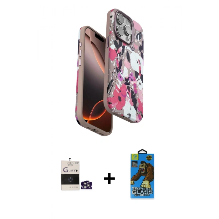 MARSİLYAN™- iPhone 14 Pro Max Kılıf Siluet Doku - Siyah 18D Cam Ekran Koruyucu + Bilvis Titan Kamera Lens - GS