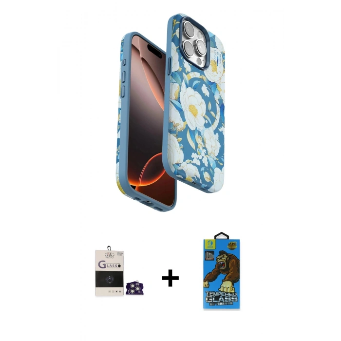 MARSİLYAN™- iPhone 14 Pro Max Kılıf Siluet Doku - Siyah 18D Cam Ekran Koruyucu + Bilvis Titan Kamera Lens - GS