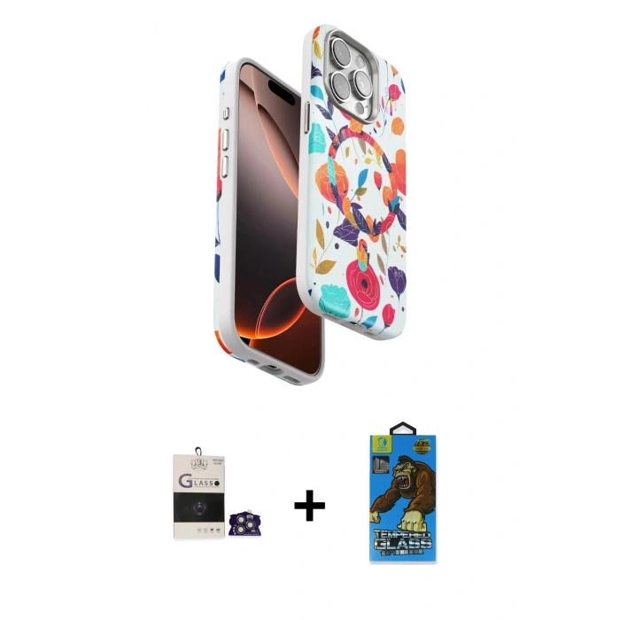 MARSİLYAN™- iPhone 14 Pro Max Kılıf Siluet Doku - Siyah 18D Cam Ekran Koruyucu + Bilvis Titan Kamera Lens - GS