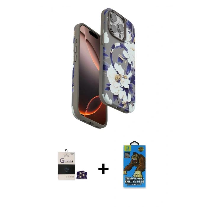 MARSİLYAN™- iPhone 14 Pro Max Kılıf Siluet Doku - Siyah 18D Cam Ekran Koruyucu + Bilvis Titan Kamera Lens - GD