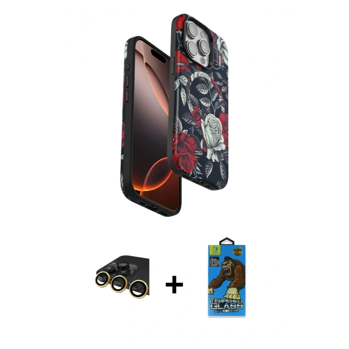 MARSİLYAN™- iPhone 14 Pro Max Kılıf Siluet Doku - Siyah 18D Cam Ekran Koruyucu + Raze Metal Kamera Lens - GD