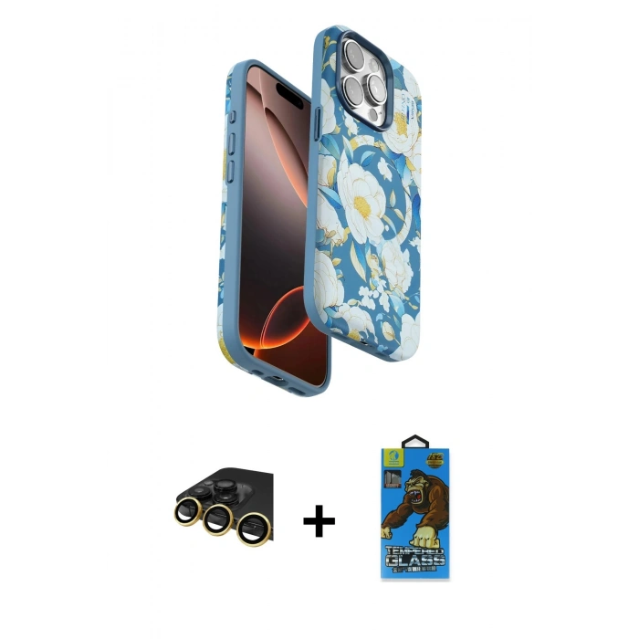 MARSİLYAN™- iPhone 14 Pro Max Kılıf Siluet Doku - Siyah 18D Cam Ekran Koruyucu + Raze Metal Kamera Lens - GD