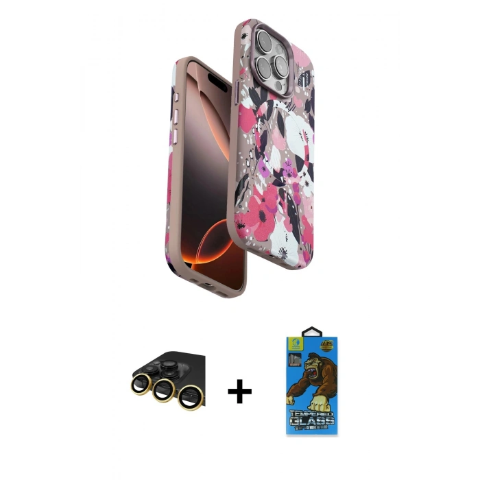 MARSİLYAN™- iPhone 14 Pro Max Kılıf Siluet Doku - Siyah 18D Cam Ekran Koruyucu + Raze Metal Kamera Lens - GD