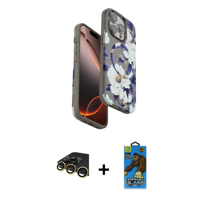 MARSİLYAN™- iPhone 14 Pro Max Kılıf Siluet Doku - Siyah 18D Cam Ekran Koruyucu + Raze Metal Kamera Lens - GD