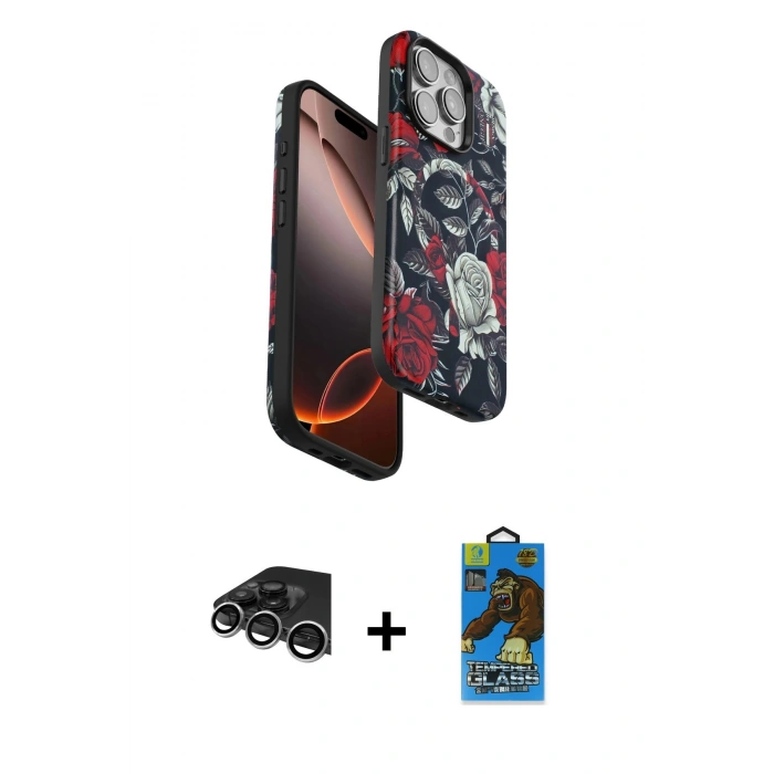 MARSİLYAN™- iPhone 14 Pro Max Kılıf Siluet Doku - Siyah 18D Cam Ekran Koruyucu + Raze Metal Kamera Lens - GS