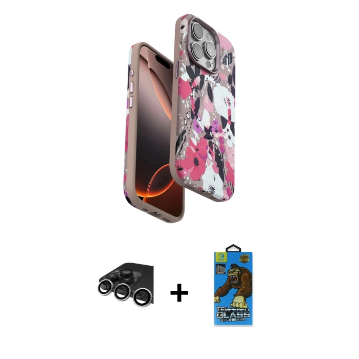 MARSİLYAN™- iPhone 14 Pro Max Kılıf Siluet Doku - Siyah 18D Cam Ekran Koruyucu + Raze Metal Kamera Lens - GS