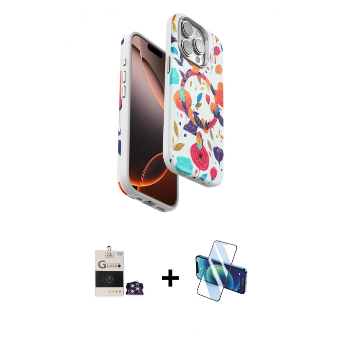 MARSİLYAN™- iPhone 14 Pro Max Kılıf Siluet Doku - Siyah 3D Antistatik Cam Ekran Koruyucu + Bilvis Titan Kamera Lens - GS
