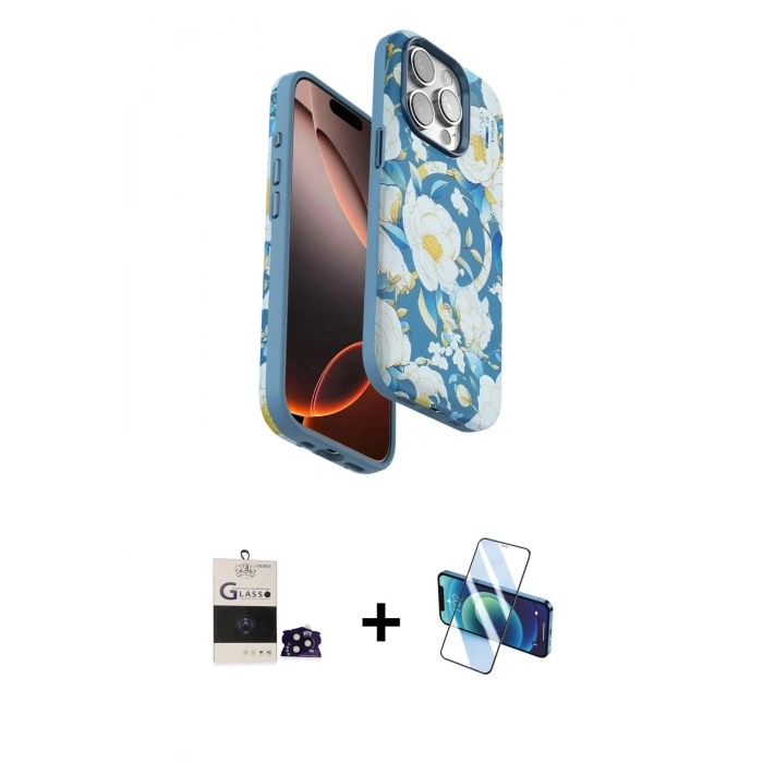 MARSİLYAN™- iPhone 14 Pro Max Kılıf Siluet Doku - Siyah 3D Antistatik Cam Ekran Koruyucu + Bilvis Titan Kamera Lens - SH