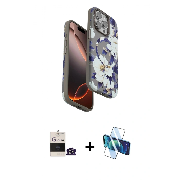 MARSİLYAN™- iPhone 14 Pro Max Kılıf Siluet Doku - Siyah 3D Antistatik Cam Ekran Koruyucu + Bilvis Titan Kamera Lens - SH