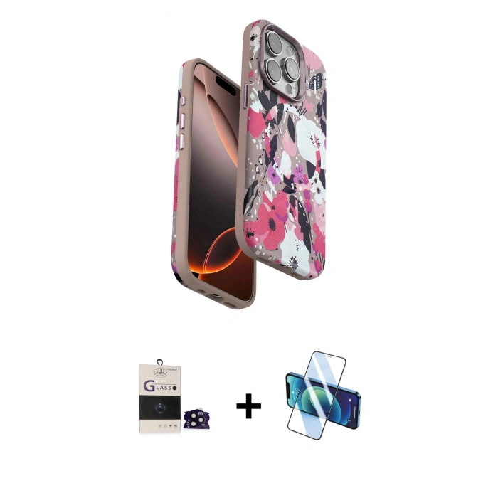 MARSİLYAN™- iPhone 14 Pro Max Kılıf Siluet Doku - Siyah 3D Antistatik Cam Ekran Koruyucu + Bilvis Titan Kamera Lens - SH