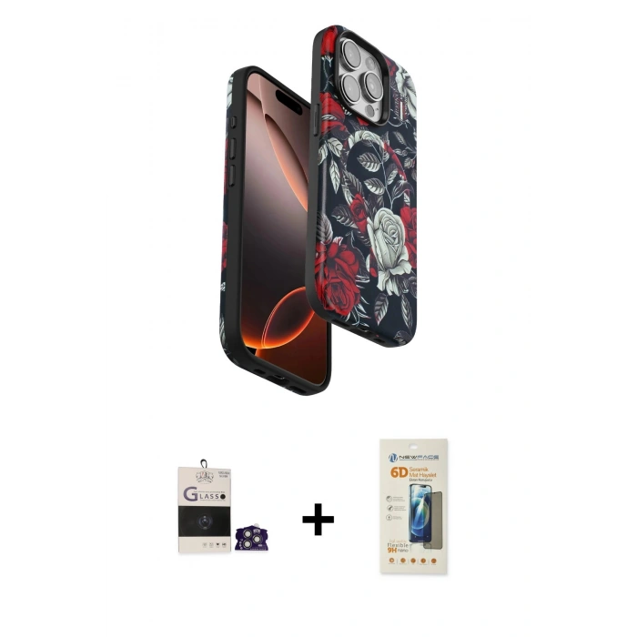 MARSİLYAN™- iPhone 14 Pro Max Kılıf Siluet Doku - Siyah 6D Mat Seramik Hayalet Nano Ekran Koruyucu + Bilvis Titan Kamera Lens - GS