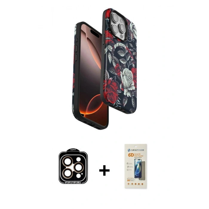 MARSİLYAN™- iPhone 14 Pro Max Kılıf Siluet Doku - Siyah 6D Mat Seramik Hayalet Nano Ekran Koruyucu + PVD Metal Kamera Lens - TU
