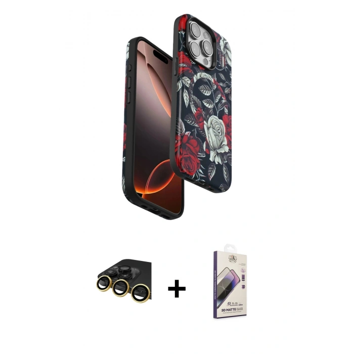 MARSİLYAN™- iPhone 14 Pro Max Kılıf Siluet Doku - Siyah Bilvis 3D Mat Cam Ekran Koruyucu + Raze Metal Kamera Lens - GD