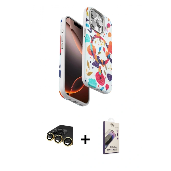MARSİLYAN™- iPhone 14 Pro Max Kılıf Siluet Doku - Siyah Bilvis 3D Mat Cam Ekran Koruyucu + Raze Metal Kamera Lens - GD