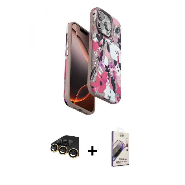 MARSİLYAN™- iPhone 14 Pro Max Kılıf Siluet Doku - Siyah Bilvis 3D Mat Cam Ekran Koruyucu + Raze Metal Kamera Lens - GD