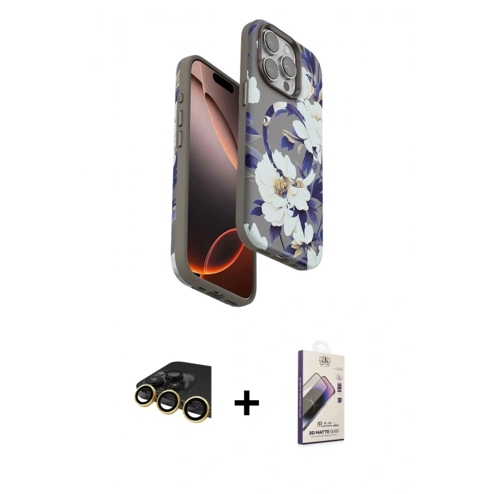 MARSİLYAN™- iPhone 14 Pro Max Kılıf Siluet Doku - Siyah Bilvis 3D Mat Cam Ekran Koruyucu + Raze Metal Kamera Lens - GD