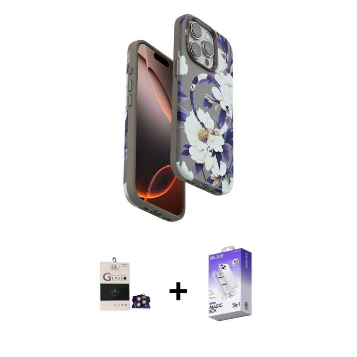 MARSİLYAN™- iPhone 14 Pro Max Kılıf Siluet Doku - Siyah Bilvis 5in1 3D Magic Cam Ekran Koruyucu + Bilvis Titan Kamera Lens - GD