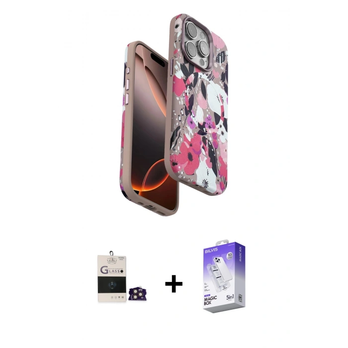 MARSİLYAN™- iPhone 14 Pro Max Kılıf Siluet Doku - Siyah Bilvis 5in1 3D Magic Cam Ekran Koruyucu + Bilvis Titan Kamera Lens - GD