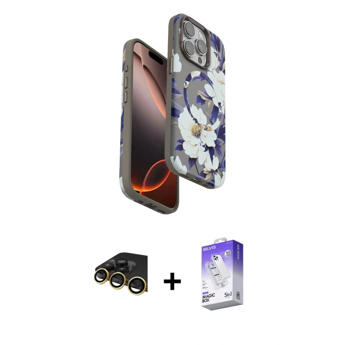 MARSİLYAN™- iPhone 14 Pro Max Kılıf Siluet Doku - Siyah Bilvis 5in1 3D Magic Cam Ekran Koruyucu + Raze Metal Kamera Lens - GD