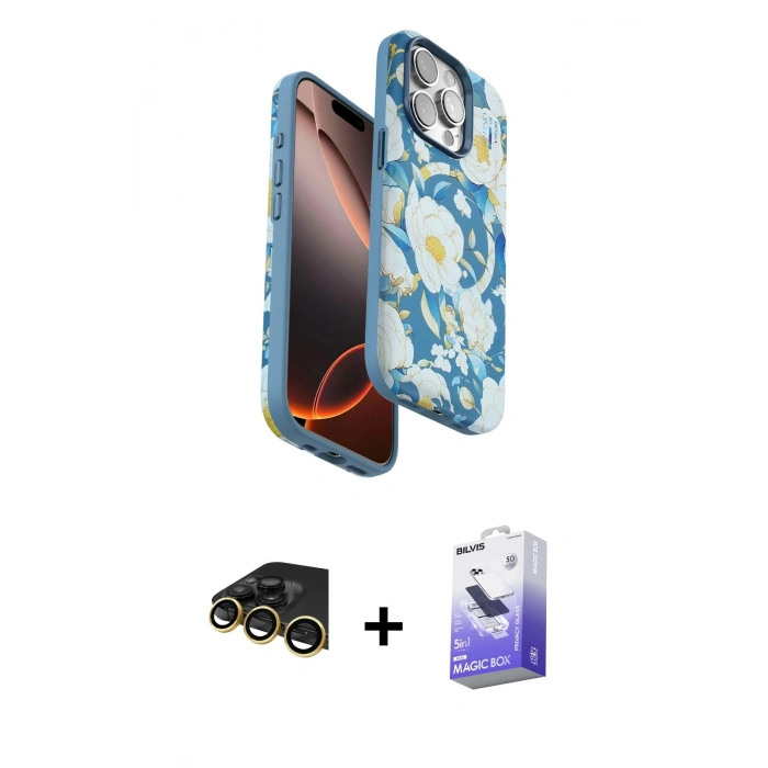 MARSİLYAN™- iPhone 14 Pro Max Kılıf Siluet Doku - Siyah Bilvis 5in1 5D Magic Hayalet Cam Ekran Koruyucu + Raze Metal Kamera Lens - GD