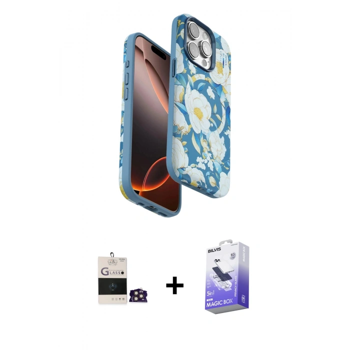 MARSİLYAN™- iPhone 14 Pro Max Kılıf Siluet Doku - Siyah Bilvis 5in1 5D Magic Hayalet Cam Ekran Koruyucu + Bilvis Titan Kamera Lens - GD