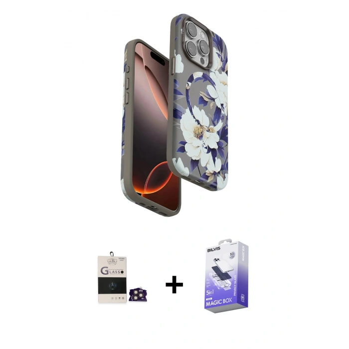 MARSİLYAN™- iPhone 14 Pro Max Kılıf Siluet Doku - Siyah Bilvis 5in1 5D Magic Hayalet Cam Ekran Koruyucu + Bilvis Titan Kamera Lens - GD