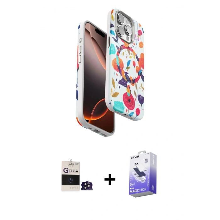MARSİLYAN™- iPhone 14 Pro Max Kılıf Siluet Doku - Siyah Bilvis 5in1 5D Magic Hayalet Cam Ekran Koruyucu + Bilvis Titan Kamera Lens - DNMR