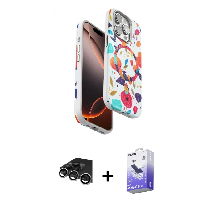 MARSİLYAN™- iPhone 14 Pro Max Kılıf Siluet Doku - Siyah Bilvis 5in1 5D Magic Hayalet Cam Ekran Koruyucu + Raze Metal Kamera Lens - GS