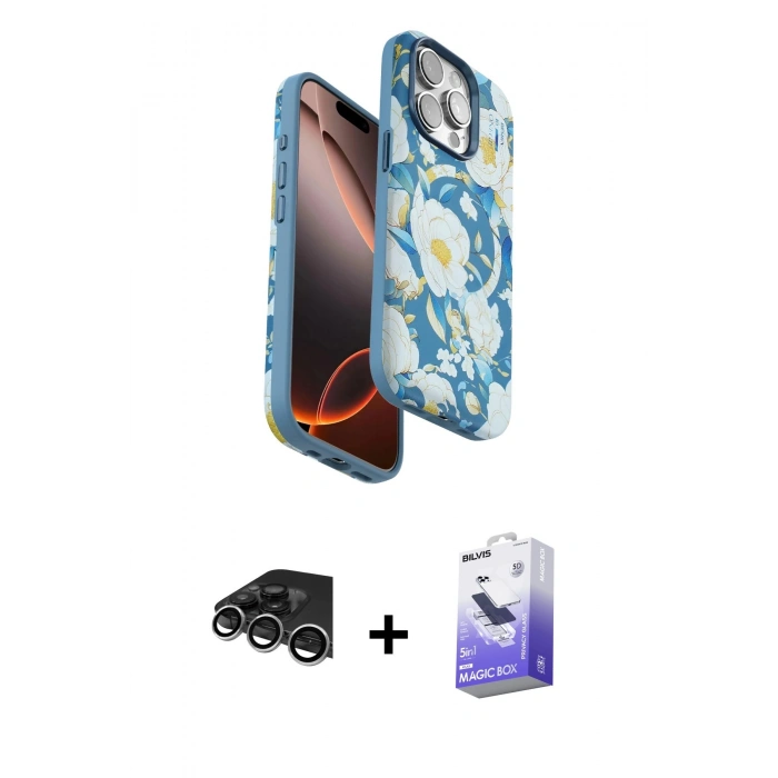 MARSİLYAN™- iPhone 14 Pro Max Kılıf Siluet Doku - Siyah Bilvis 5in1 5D Magic Hayalet Cam Ekran Koruyucu + Raze Metal Kamera Lens - GS
