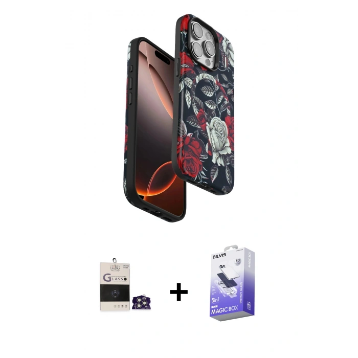 MARSİLYAN™- iPhone 14 Pro Max Kılıf Siluet Doku - Siyah Bilvis 5in1 5D Magic Hayalet Cam Ekran Koruyucu + Bilvis Titan Kamera Lens - GS