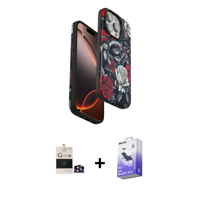 MARSİLYAN™- iPhone 14 Pro Max Kılıf Siluet Doku - Siyah Bilvis 5in1 5D Magic Hayalet Cam Ekran Koruyucu + Bilvis Titan Kamera Lens - GD