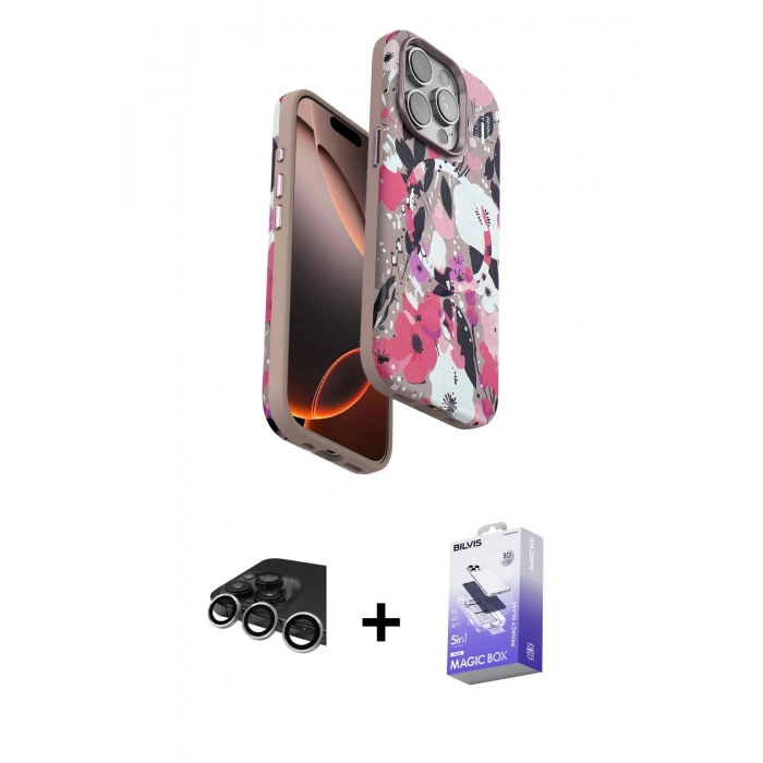MARSİLYAN™- iPhone 14 Pro Max Kılıf Siluet Doku - Siyah Bilvis 5in1 5D Magic Hayalet Cam Ekran Koruyucu + Raze Metal Kamera Lens - GS