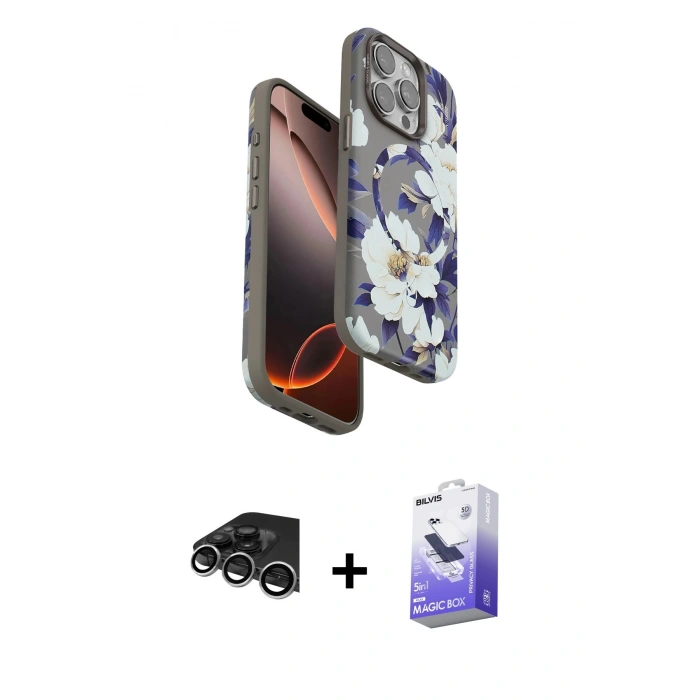 MARSİLYAN™- iPhone 14 Pro Max Kılıf Siluet Doku - Siyah Bilvis 5in1 5D Magic Hayalet Cam Ekran Koruyucu + Raze Metal Kamera Lens - GS