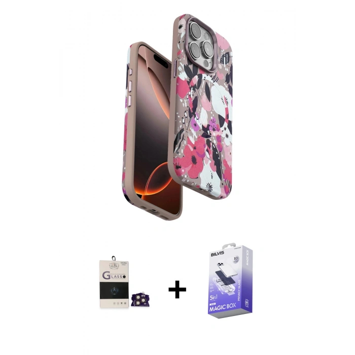 MARSİLYAN™- iPhone 14 Pro Max Kılıf Siluet Doku - Siyah Bilvis 5in1 5D Magic Hayalet Cam Ekran Koruyucu + Bilvis Titan Kamera Lens - GD