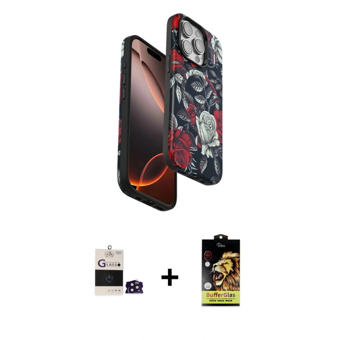 MARSİLYAN™- iPhone 14 Pro Max Kılıf Siluet Doku - Siyah Buffer Cam Ekran Koruyucu + Bilvis Titan Kamera Lens - DNMR