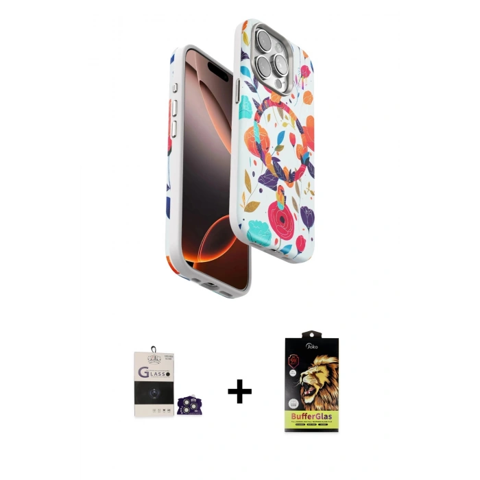 MARSİLYAN™- iPhone 14 Pro Max Kılıf Siluet Doku - Siyah Buffer Cam Ekran Koruyucu + Gümüş Bilvis Titan Kamera Lens