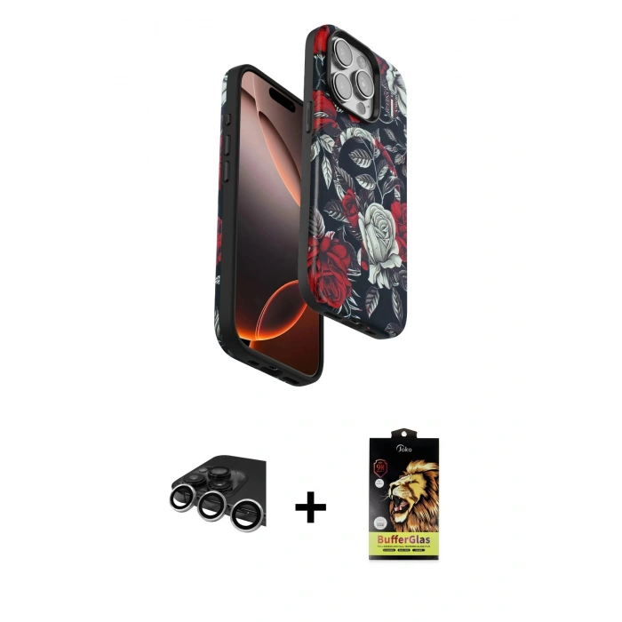 MARSİLYAN™- iPhone 14 Pro Max Kılıf Siluet Doku - Siyah Buffer Cam Ekran Koruyucu + Raze Metal Kamera Lens - GS