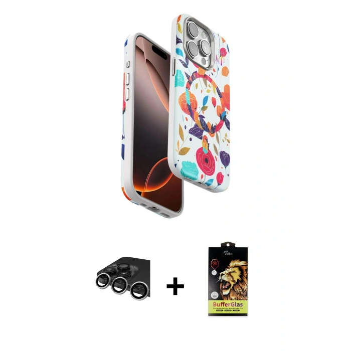 MARSİLYAN™- iPhone 14 Pro Max Kılıf Siluet Doku - Siyah Buffer Cam Ekran Koruyucu + Raze Metal Kamera Lens - GS